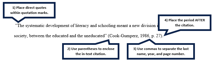 Example: "The systematic development of literacy and schooling meant a new division in society, between the educated and the uneducated” (Cook-Gumperz, 1986, p. 27). Note 1: Place direct quotes within quotation marks. Note 2: Use parentheses to enclose the in-text citation. Note 3: Use commas to separate the last name, year, and page number within the in-text citation. Note 4: Place the period after the citation. 