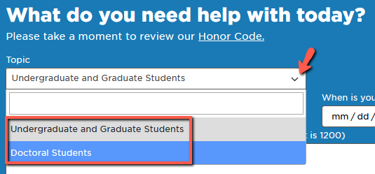 Arrow pointing to the Topic drop-down menu with box around the selections of Undergraduate/Graduate Students and Doctoral Students