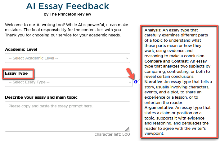 Box around Essay Type drop-down menu and an arrow pointing to the Information icon. 