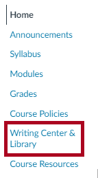 Canvas left navigation menu with a box around the Writing Center & Library link