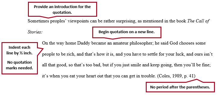 Provide an introduction for the quotation. Begin the quotation on a new line. Indent each line by 1/2 inch. Quotation marks are not used. Place the period after the quote and before the citation; do not use a period after the citation. 