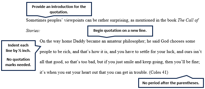 Provide an introduction for the quotation. Begin the quotation on a new line. Indent each line by 1/2 inch. Quotation marks are not used. Place the period after the quote and before the citation; do not use a period after the citation. 