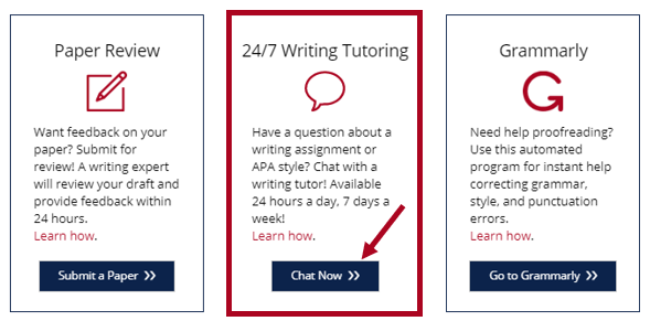 Writing Center landing page within Canvas with arrow pointing to the Chat Now button/link. 