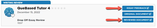 The Writing Review completed sessions with an arrow pointing to the Essay Feedback button and the Reviewed Document button.