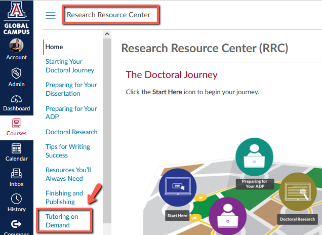 The RRC with box around the Tutoring on Demand link. 