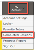 Tutor.com landing page with box around the My Account dropdown menu and around the Completed Sessions option. 