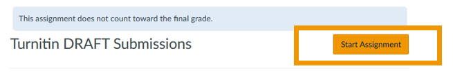 The Turnitin DRAFT Submissions page showing a box around "Start Assignment"