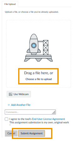 The Upload page with a box around the Upload feature and a box around "Submit Assignment"