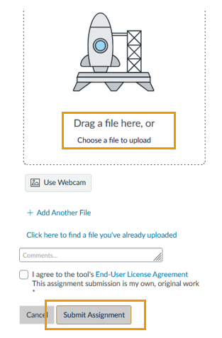 The Upload page with a box around the Upload feature and a box around "Submit Assignment"
