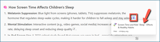 Box around the footnote associated with information about melatonin suppression from Copilot. Arrow pointing to the source of that information.