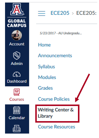 Canvas classroom left navigation with arrow pointing to Writing Center & Library link