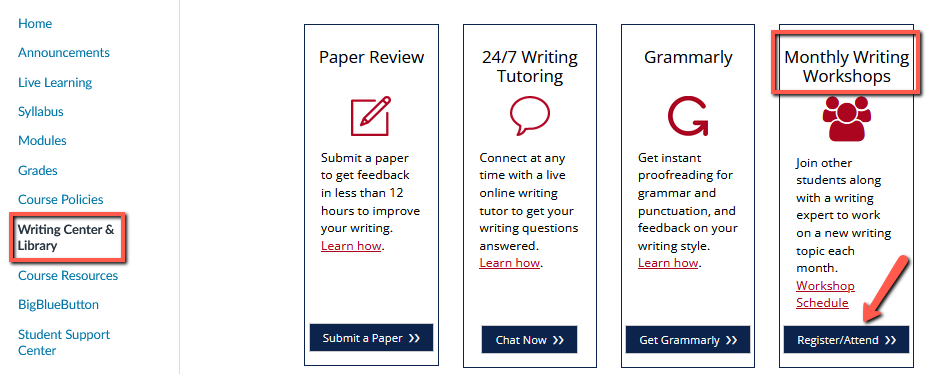 Canvas classroom of Writing Center link and link to Workshops